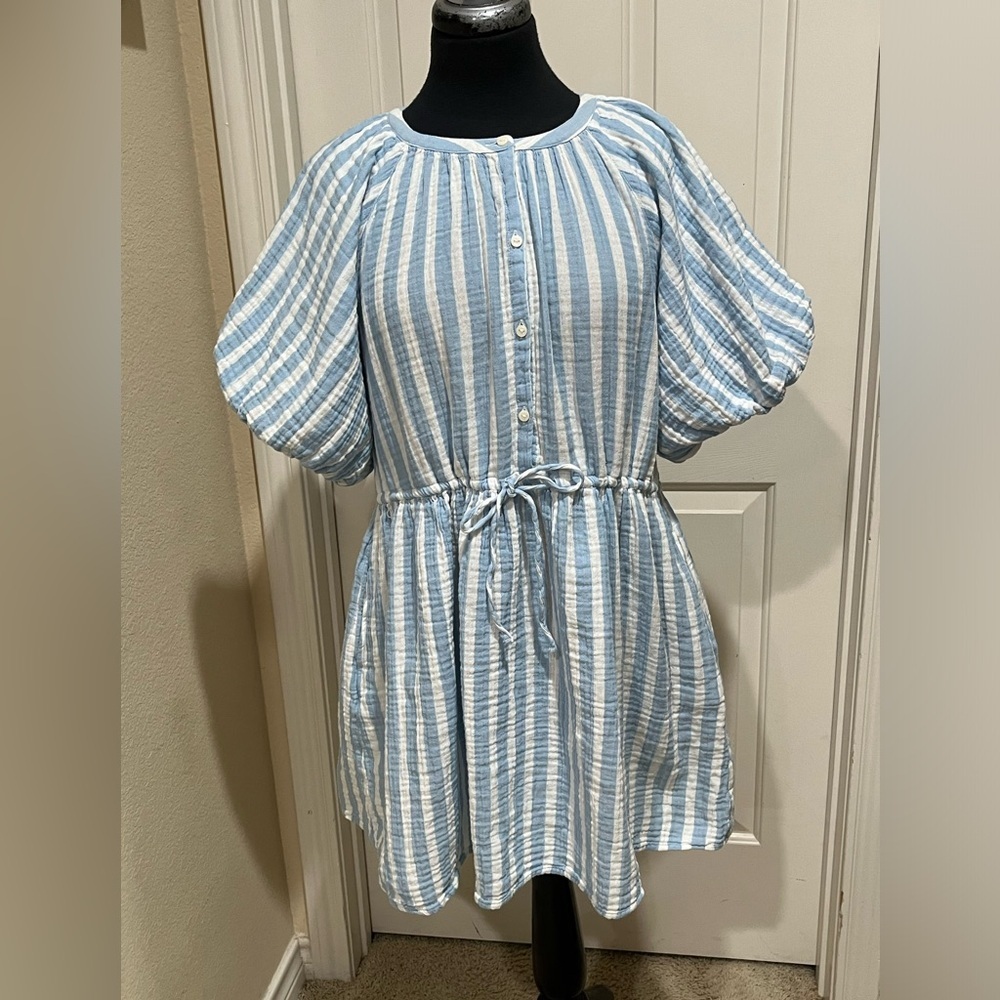Old Navy Light Blue and White PUFF SLEEVES COTTON GAUZE Striped Mini Dress SZ M